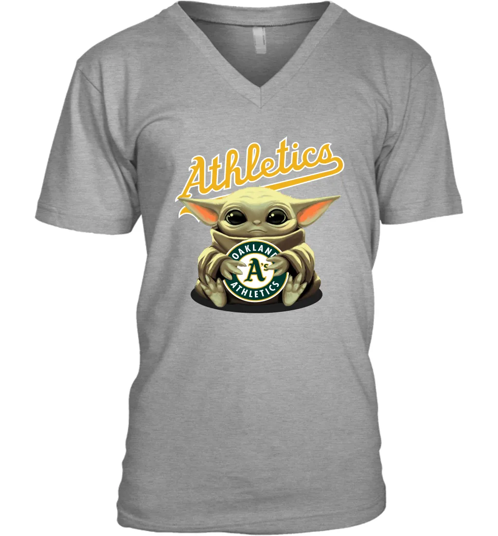 Baby Yoda Hugs Loves The Oakland Athletics Baseball Mens V-Neck T-Shirt