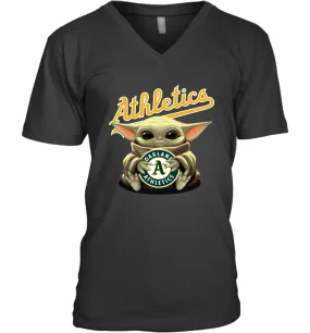 Baby Yoda Hugs Loves The Oakland Athletics Baseball Mens V-Neck T-Shirt