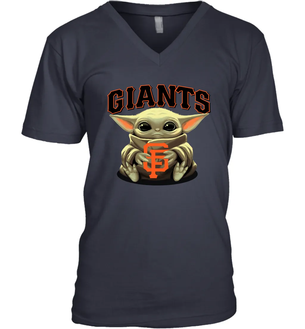 Baby Yoda Hugs Loves The San Francisco GiantsBaseball Mens V-Neck T-Shirt