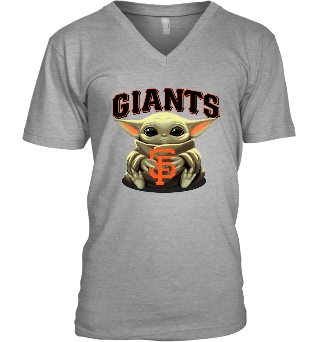 Baby Yoda Hugs Loves The San Francisco GiantsBaseball Mens V-Neck T-Shirt