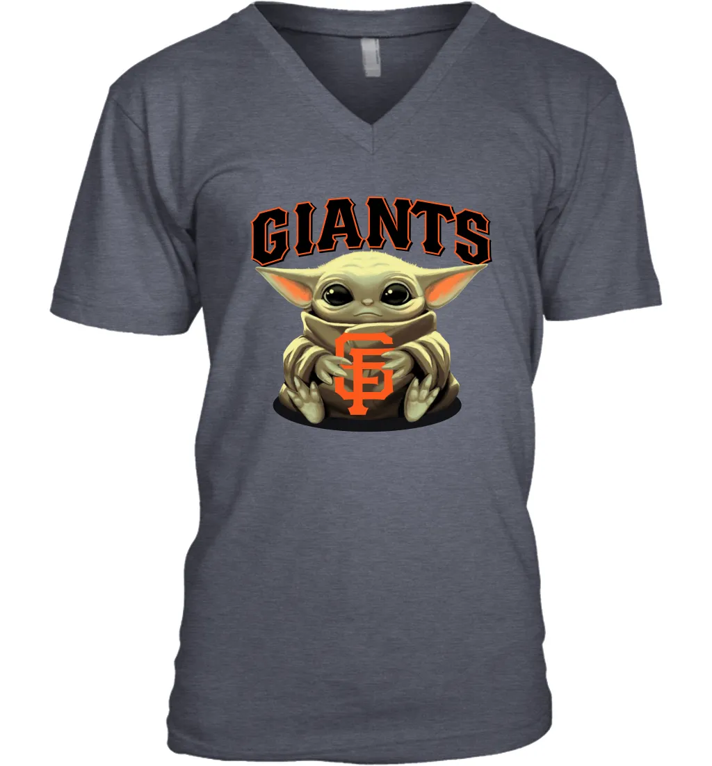 Baby Yoda Hugs Loves The San Francisco GiantsBaseball Mens V-Neck T-Shirt