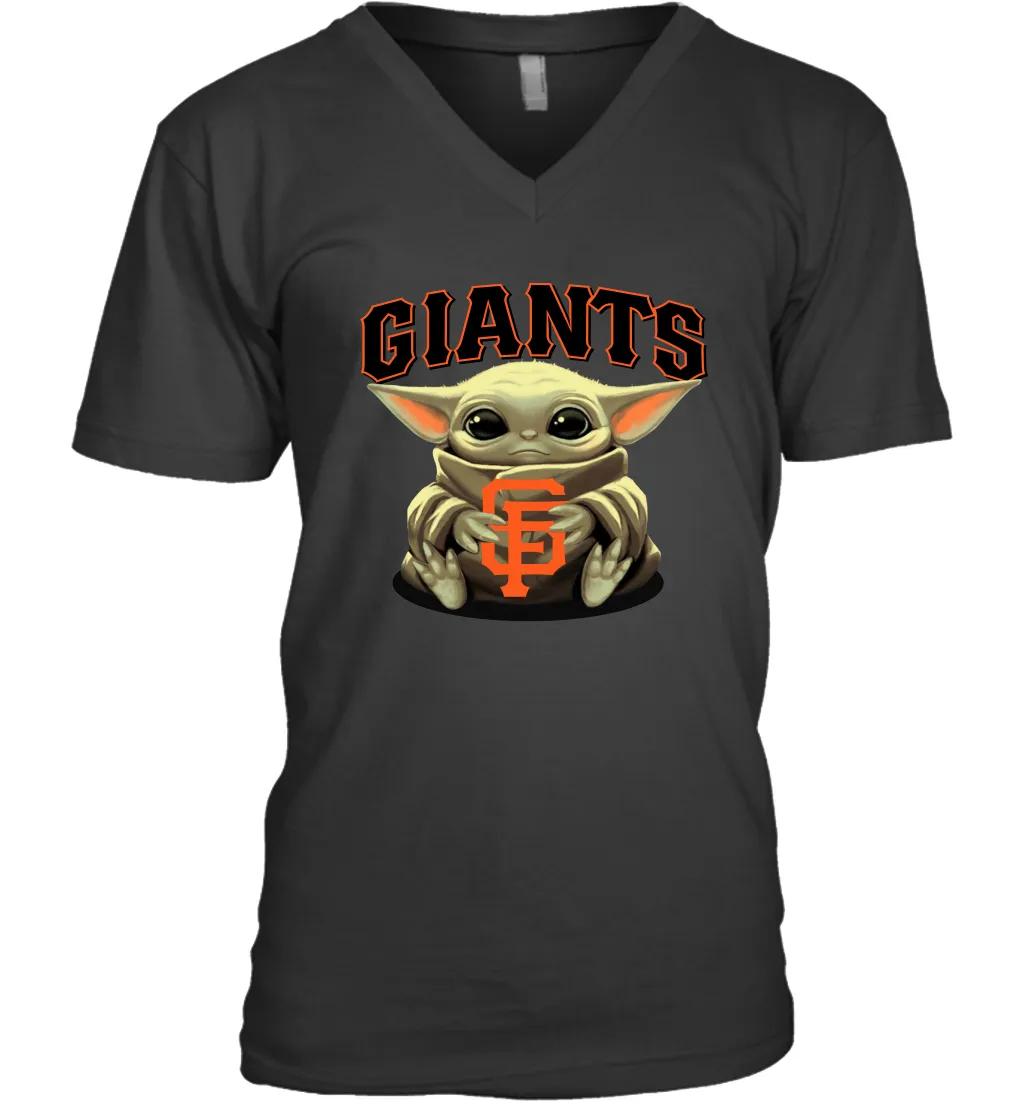 Baby Yoda Hugs Loves The San Francisco GiantsBaseball Mens V-Neck T-Shirt