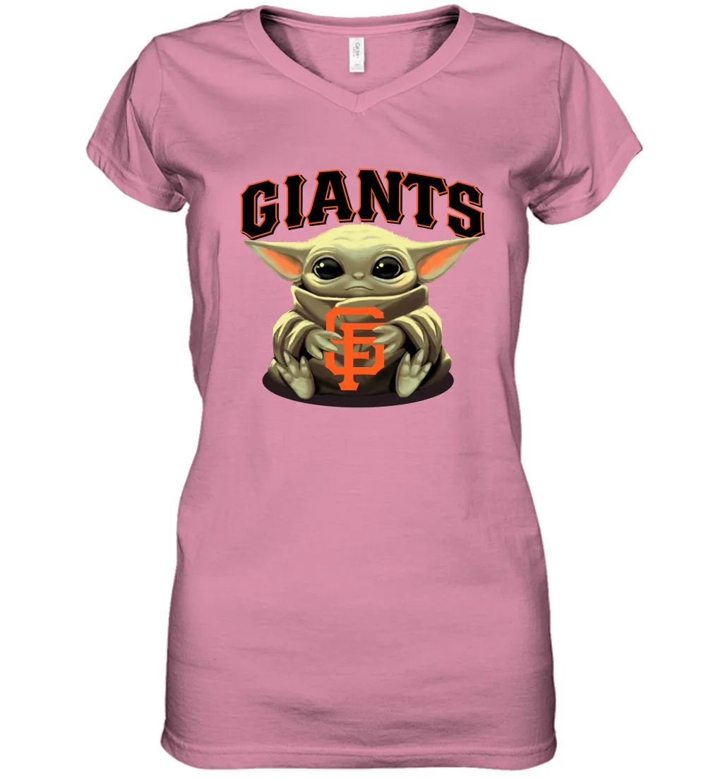 Baby Yoda Hugs Loves The San Francisco GiantsBaseball Womens V-Neck T-Shirt