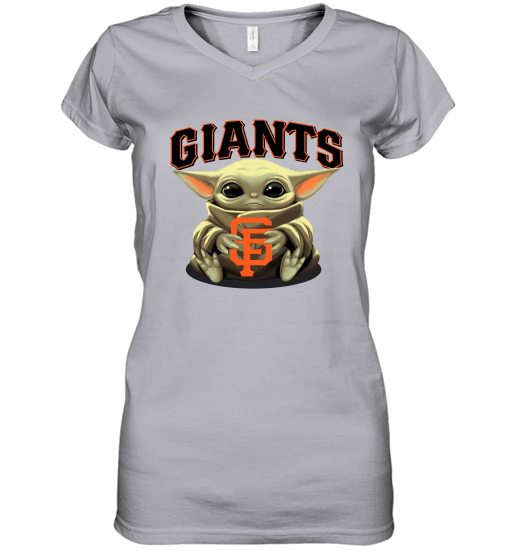 Baby Yoda Hugs Loves The San Francisco GiantsBaseball Womens V-Neck T-Shirt