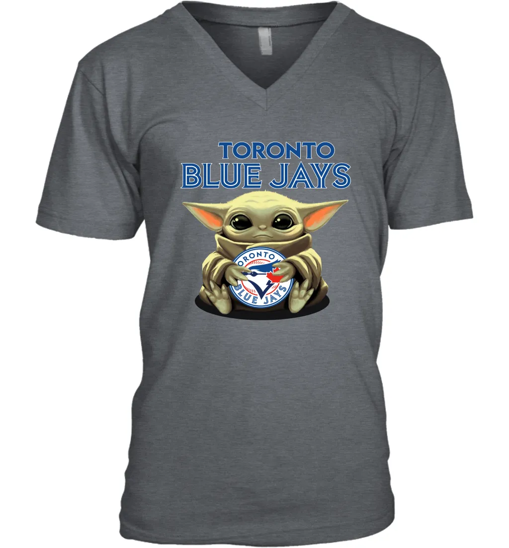 Baby Yoda Hugs Loves The Toronto Blue Jays Baseball Mens V-Neck T-Shirt