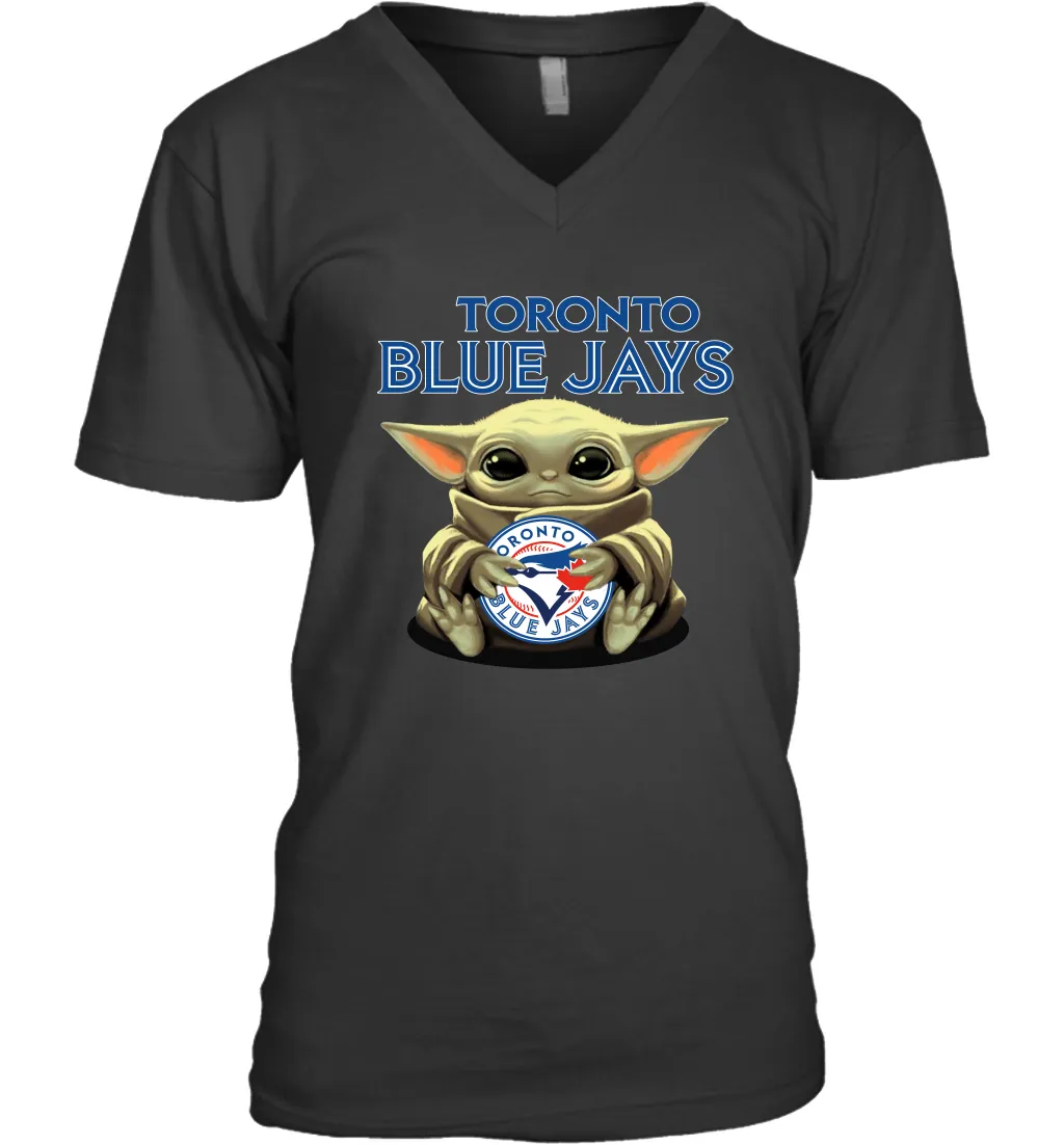 Baby Yoda Hugs Loves The Toronto Blue Jays Baseball Mens V-Neck T-Shirt