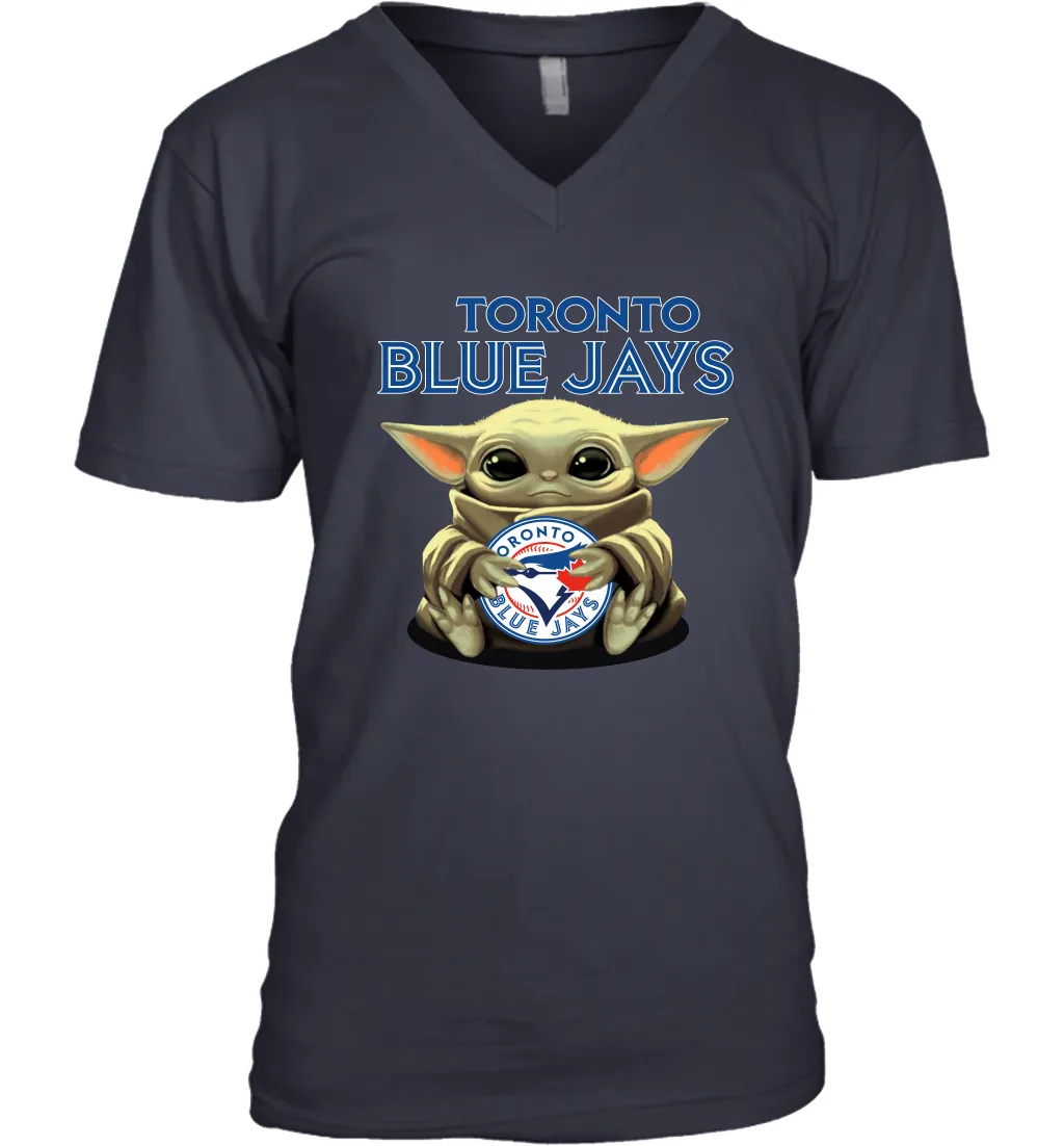 Baby Yoda Hugs Loves The Toronto Blue Jays Baseball Mens V-Neck T-Shirt