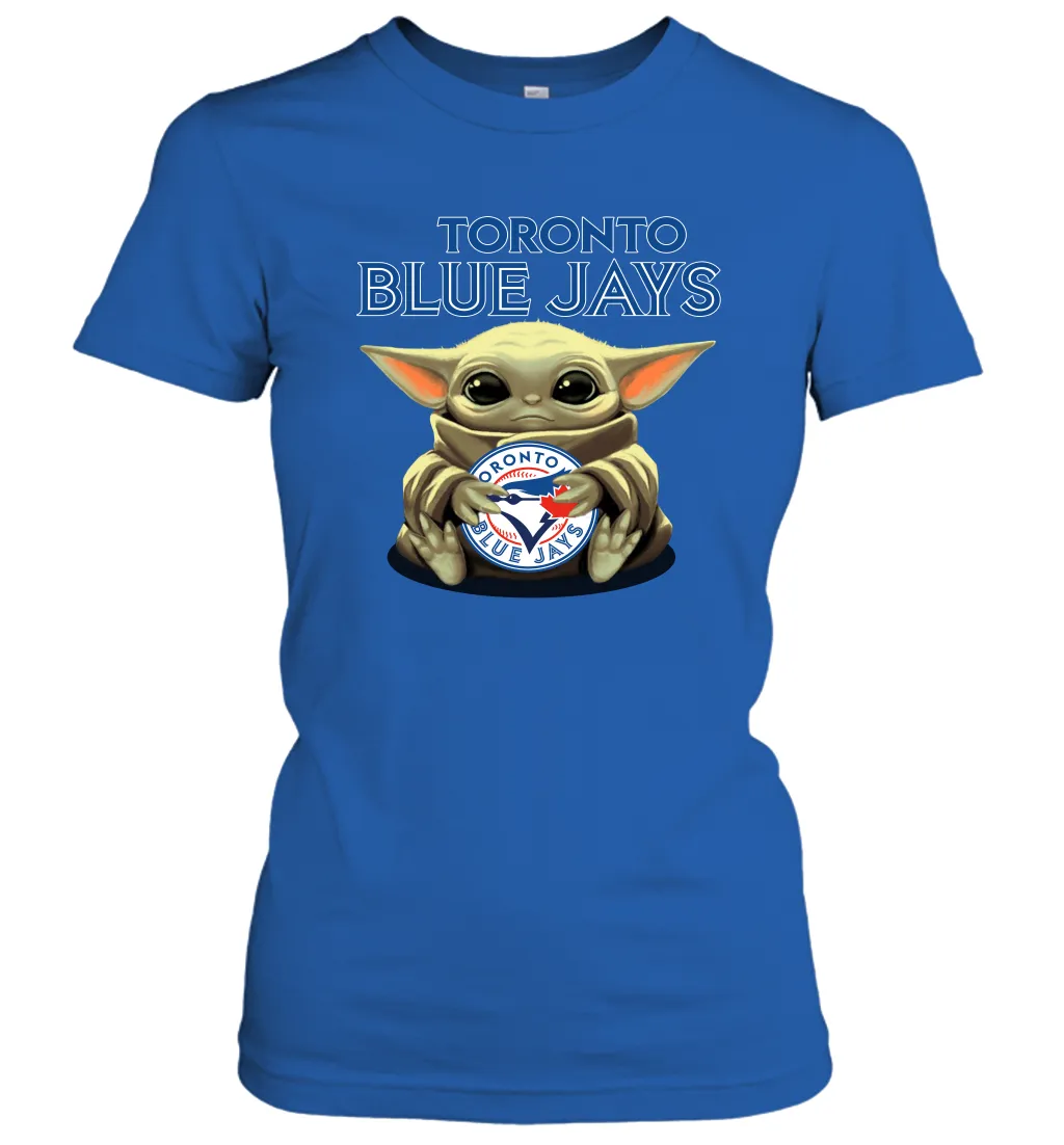 Baby Yoda Hugs Loves The Toronto Blue Jays Baseball Womens T-Shirt