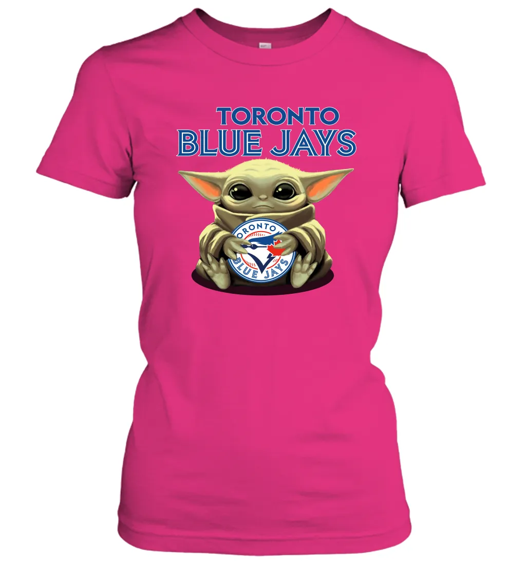 Baby Yoda Hugs Loves The Toronto Blue Jays Baseball Womens T-Shirt