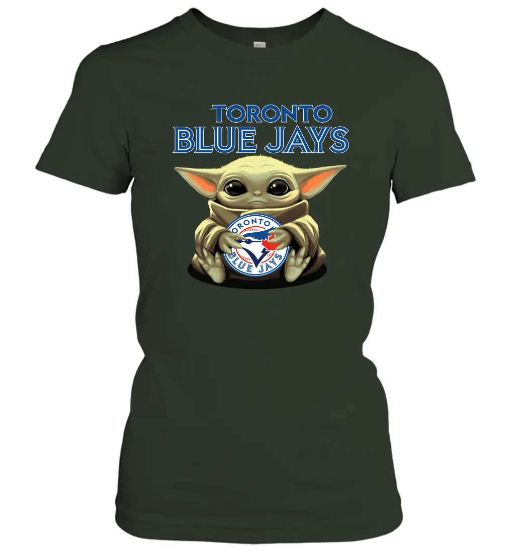 Baby Yoda Hugs Loves The Toronto Blue Jays Baseball Womens T-Shirt