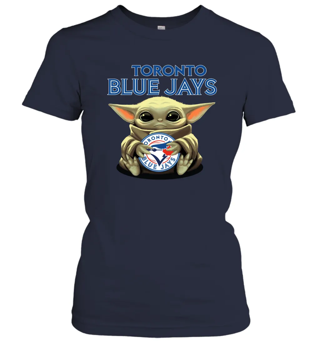 Baby Yoda Hugs Loves The Toronto Blue Jays Baseball Womens T-Shirt