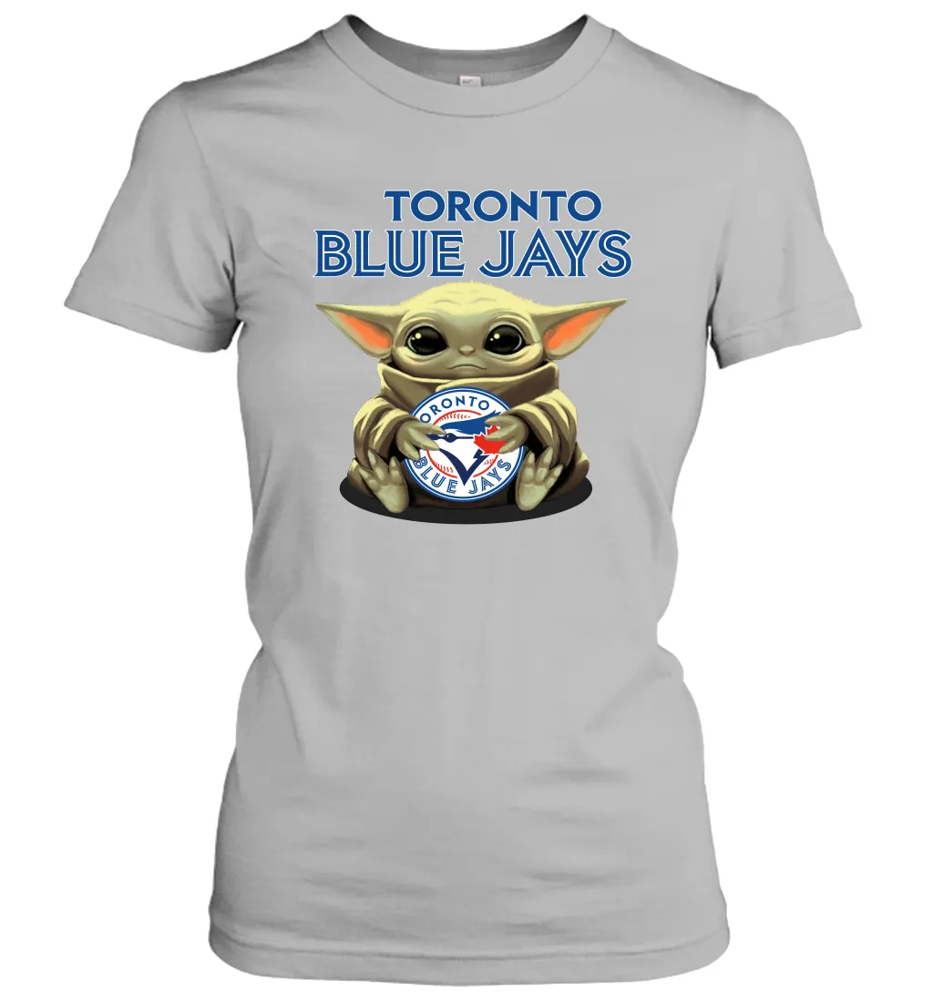 Baby Yoda Hugs Loves The Toronto Blue Jays Baseball Womens T-Shirt