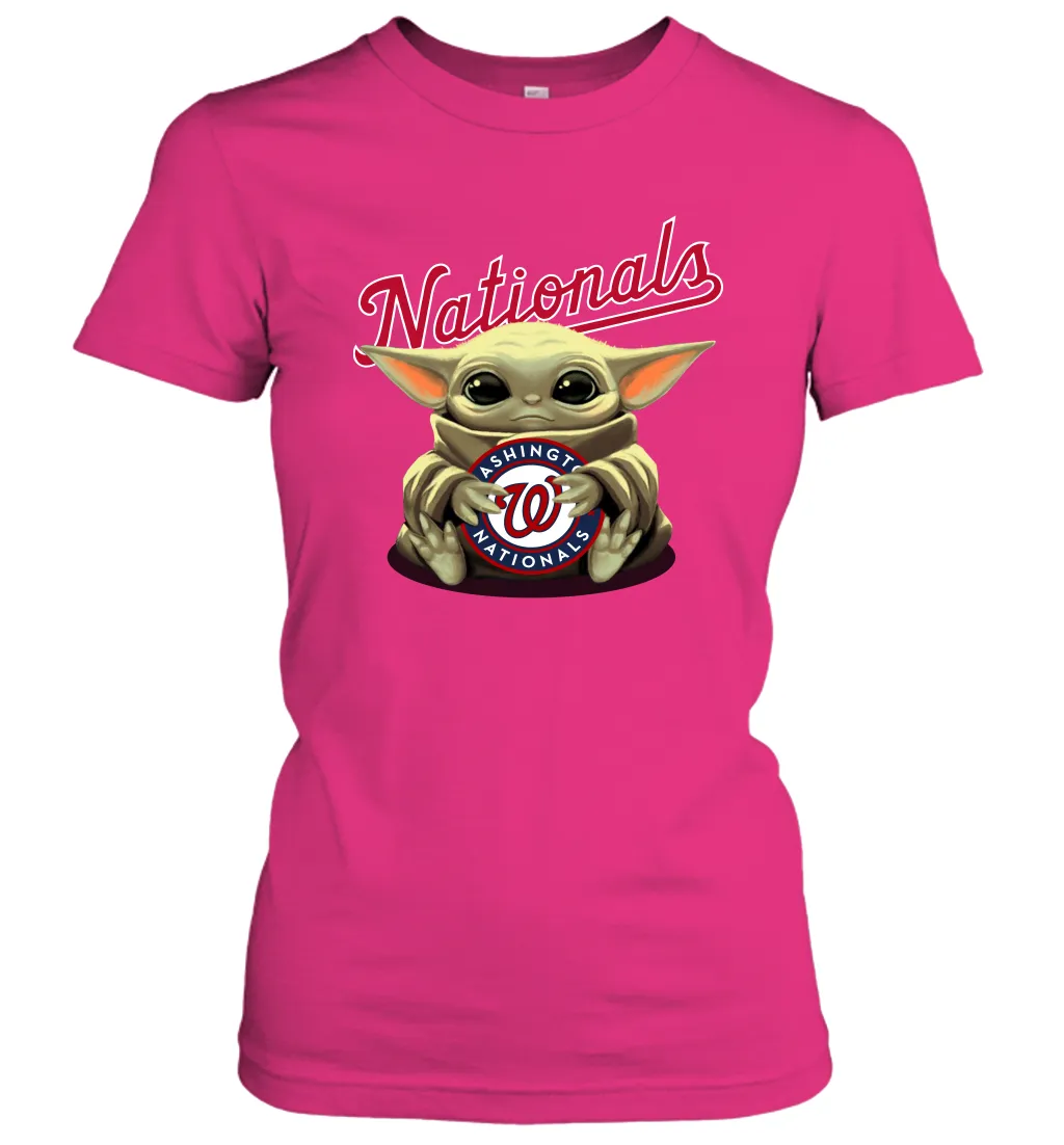 Baby Yoda Hugs Loves The Washington Nationals Baseball Womens T-Shirt