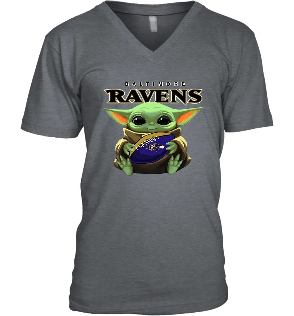 Baby Yoda Loves The Baltimore Ravens Star Wars Baby Yoda Hugs Ravens NFL Mens V-Neck T-Shirt