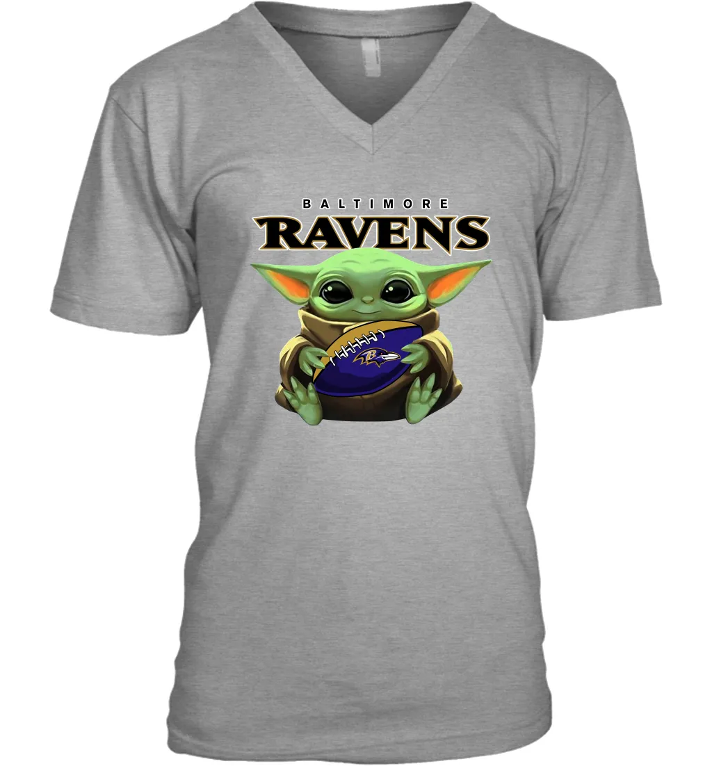 Baby Yoda Loves The Baltimore Ravens Star Wars Baby Yoda Hugs Ravens NFL Mens V-Neck T-Shirt