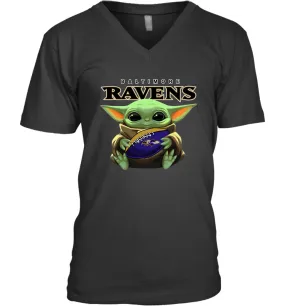 Baby Yoda Loves The Baltimore Ravens Star Wars Baby Yoda Hugs Ravens NFL Mens V-Neck T-Shirt