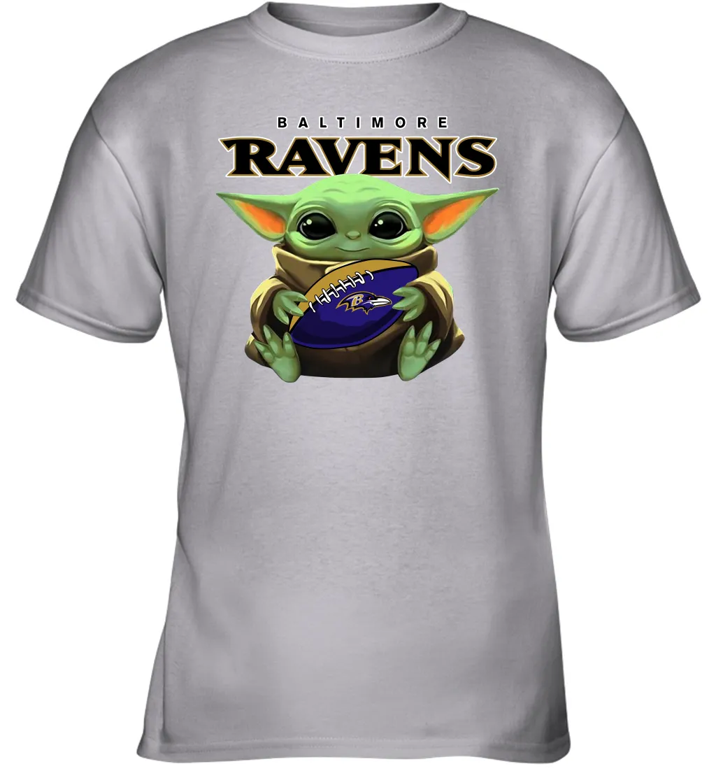 Baby Yoda Loves The Baltimore Ravens Star Wars Baby Yoda Hugs Ravens NFL Youth T-Shirt