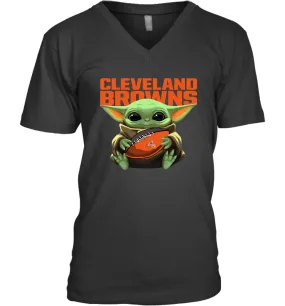 Baby Yoda Loves The Cleveland Browns Star Wars Baby Yoda Hugs Browns NFL Mens V-Neck T-Shirt