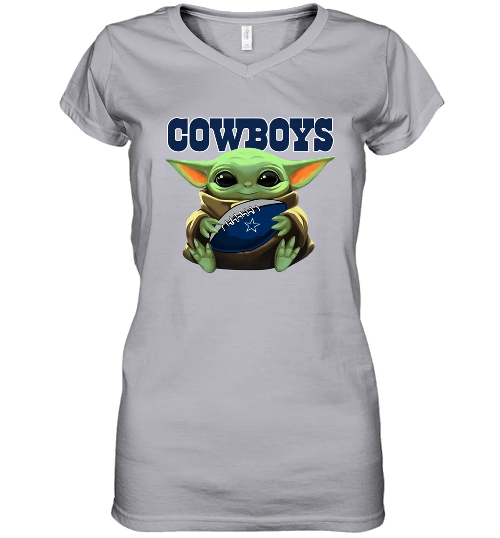 Baby Yoda Loves The Dallas Cowboys Star Wars Baby Yoda Hugs Cowboys NFL Womens V-Neck T-Shirt