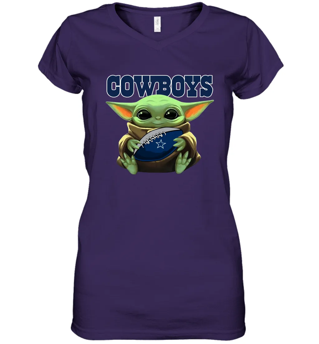 Baby Yoda Loves The Dallas Cowboys Star Wars Baby Yoda Hugs Cowboys NFL Womens V-Neck T-Shirt