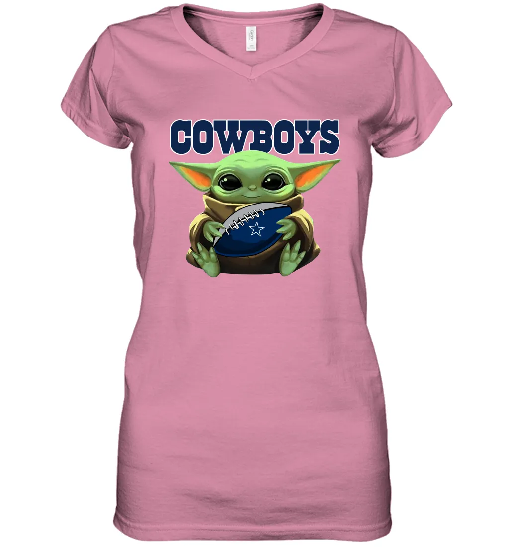 Baby Yoda Loves The Dallas Cowboys Star Wars Baby Yoda Hugs Cowboys NFL Womens V-Neck T-Shirt