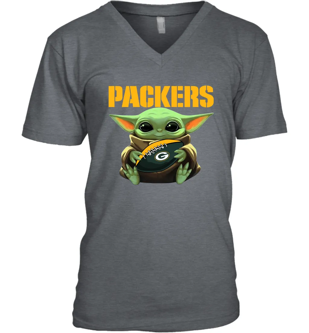 Baby Yoda Loves The Green Bay Packers Star Wars Baby Yoda Hugs Packers NFL Mens V-Neck T-Shirt