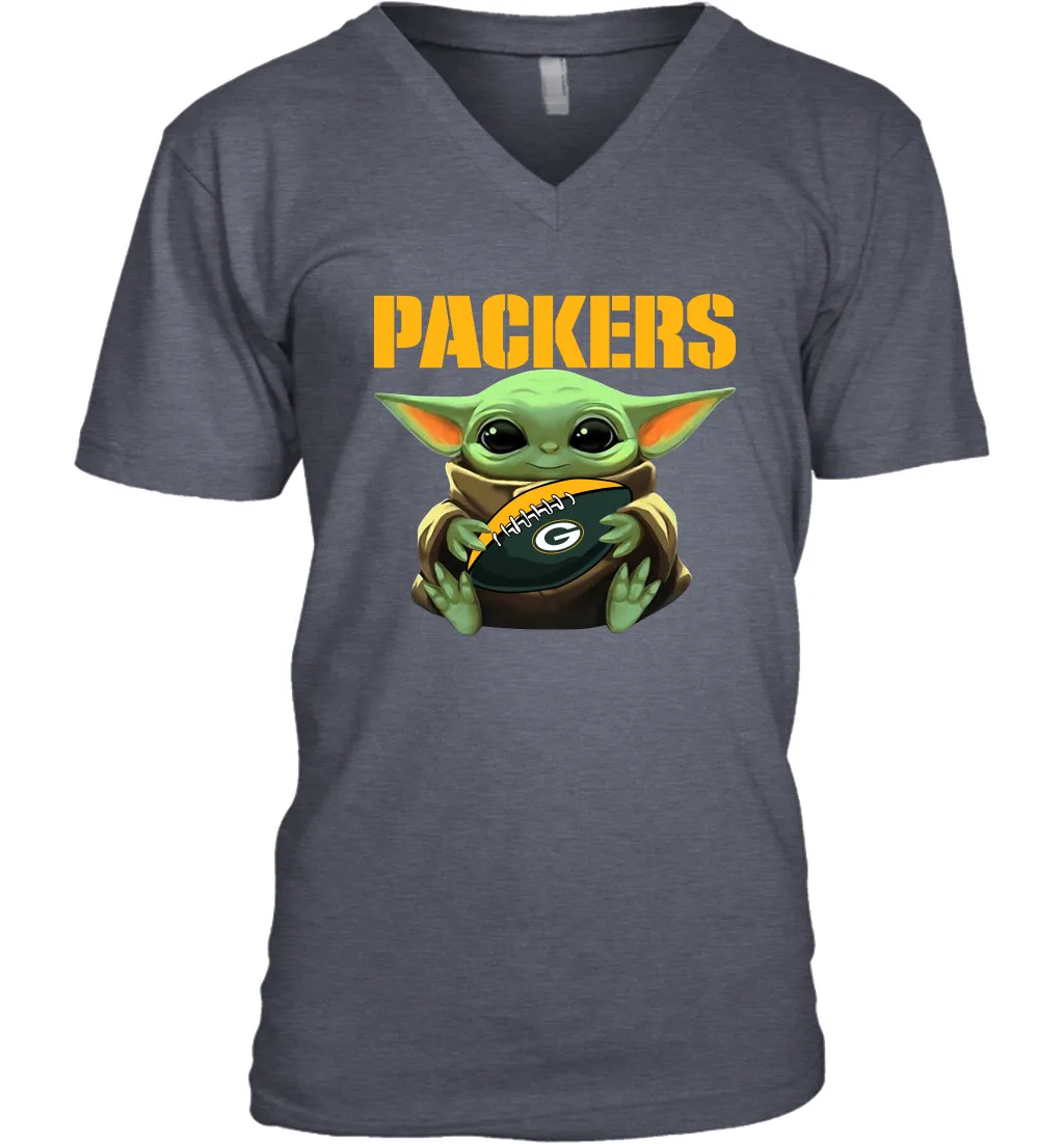 Baby Yoda Loves The Green Bay Packers Star Wars Baby Yoda Hugs Packers NFL Mens V-Neck T-Shirt