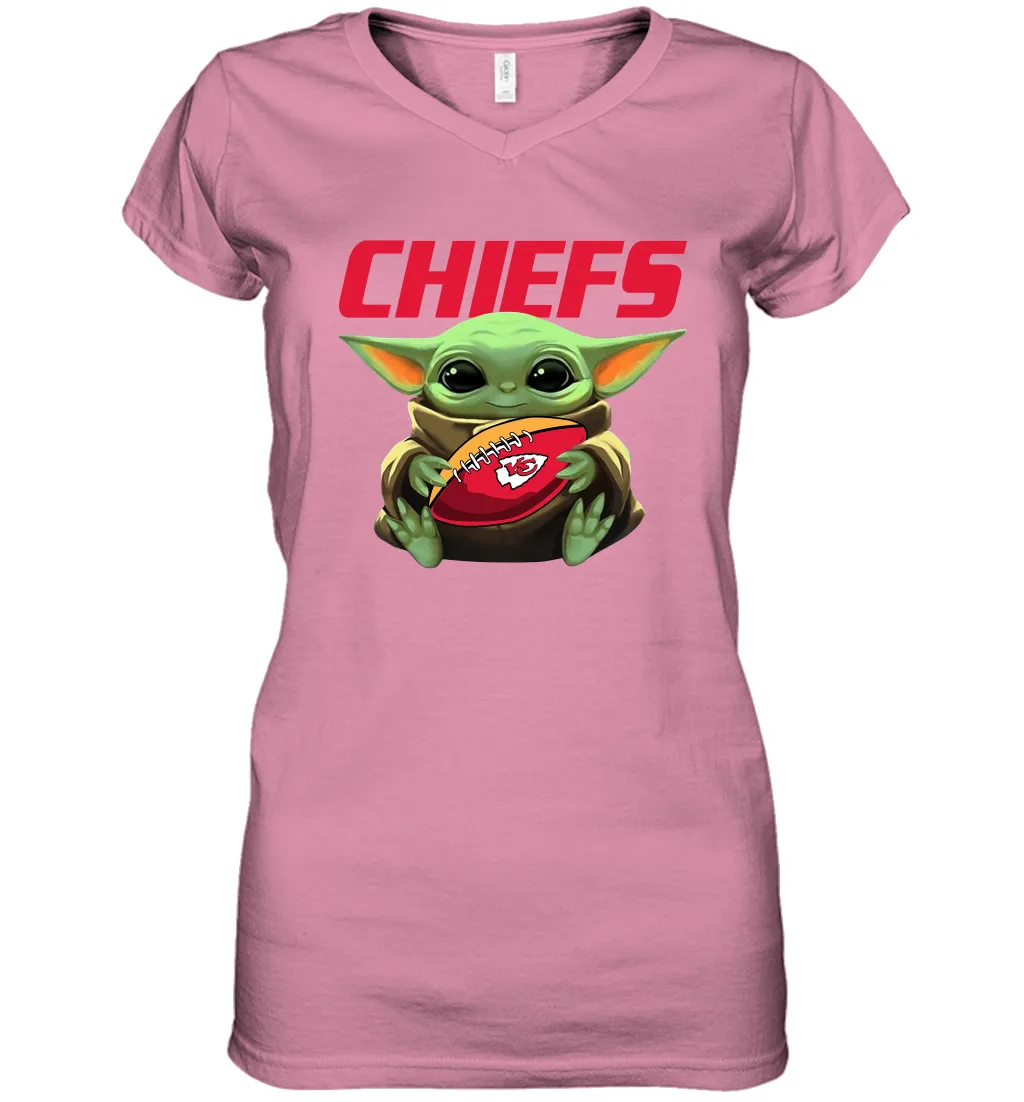 Baby Yoda Loves The Kansas City Chiefs Star Wars Baby Yoda Hugs Chiefs NFL Womens V-Neck T-Shirt