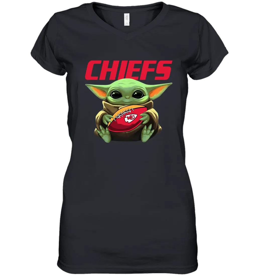 Baby Yoda Loves The Kansas City Chiefs Star Wars Baby Yoda Hugs Chiefs NFL Womens V-Neck T-Shirt