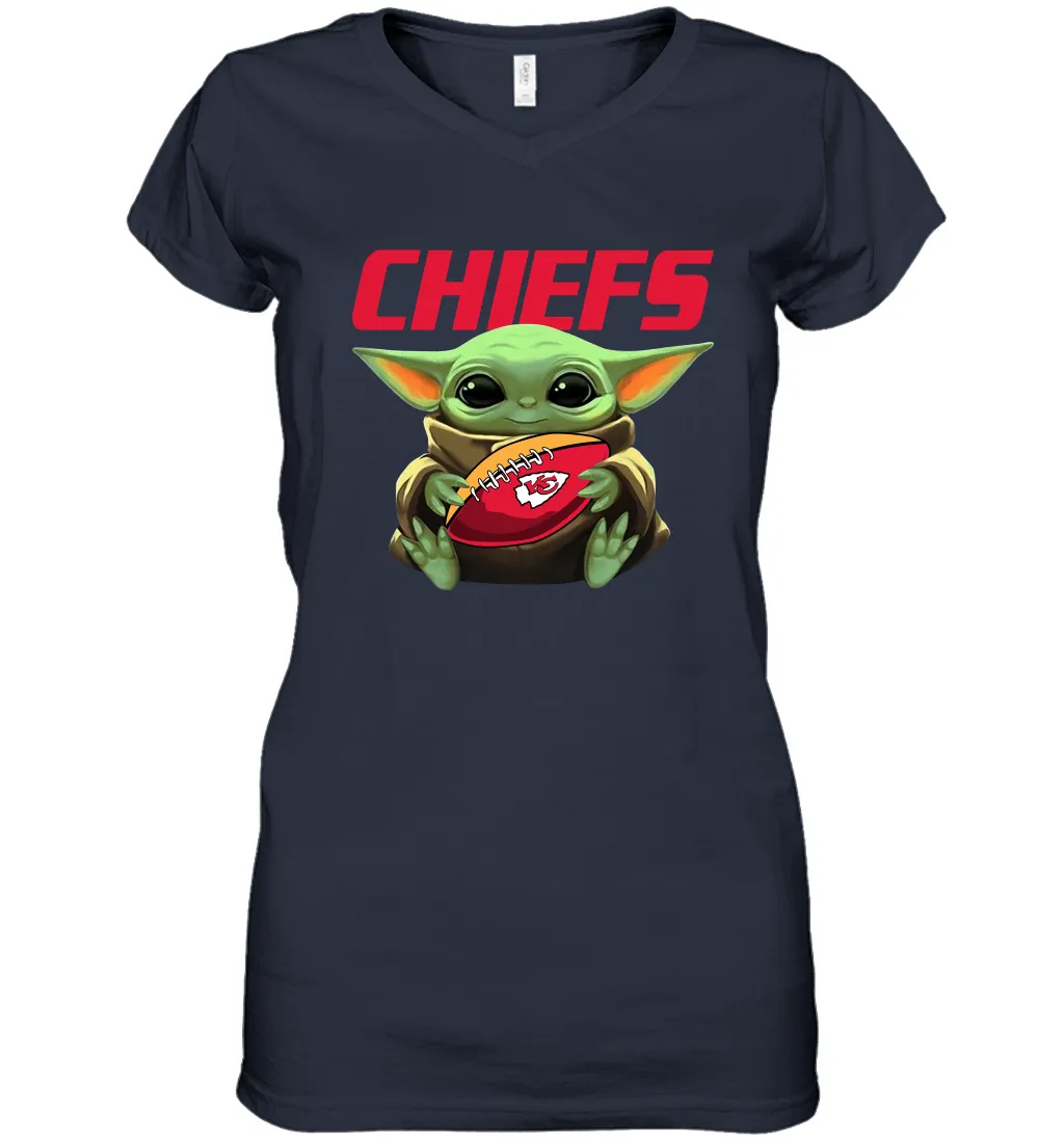 Baby Yoda Loves The Kansas City Chiefs Star Wars Baby Yoda Hugs Chiefs NFL Womens V-Neck T-Shirt