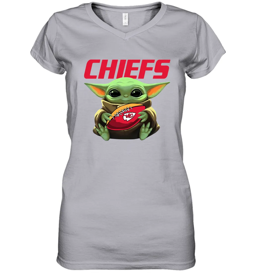 Baby Yoda Loves The Kansas City Chiefs Star Wars Baby Yoda Hugs Chiefs NFL Womens V-Neck T-Shirt