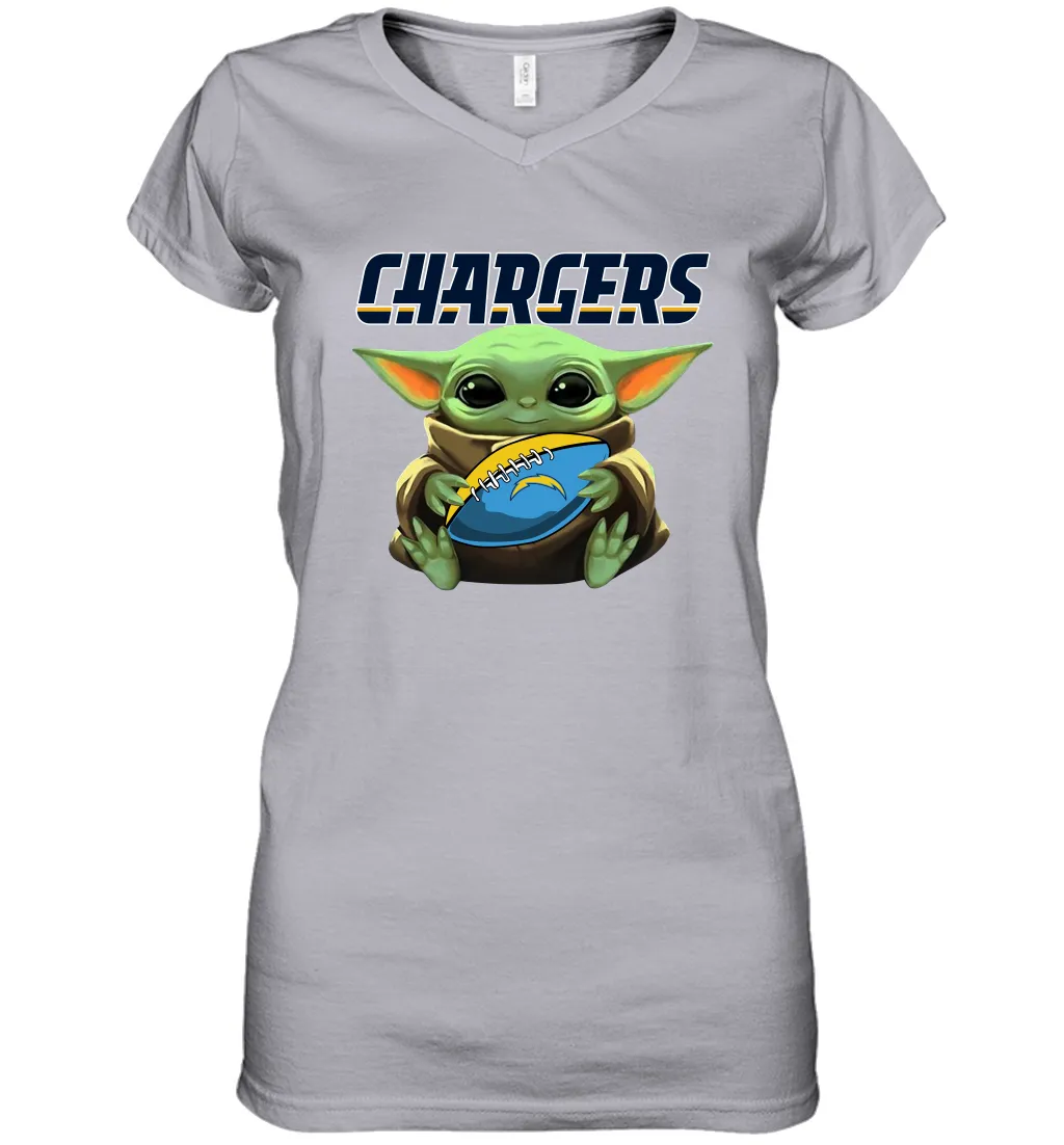 Baby Yoda Loves The Los Angeles Chargers Star Wars Baby Yoda Hugs Chargers NFL Womens V-Neck T-Shirt