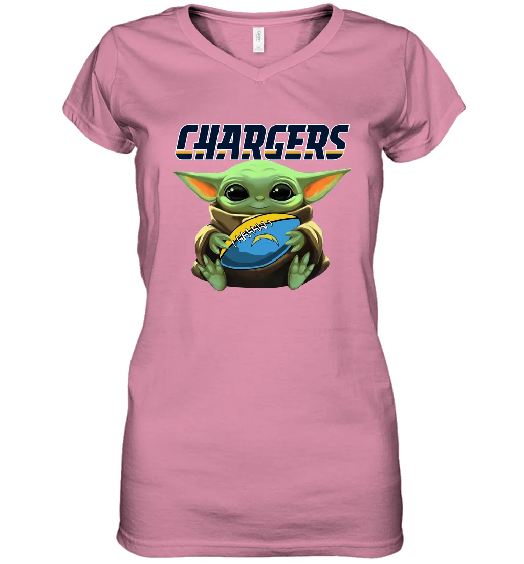 Baby Yoda Loves The Los Angeles Chargers Star Wars Baby Yoda Hugs Chargers NFL Womens V-Neck T-Shirt