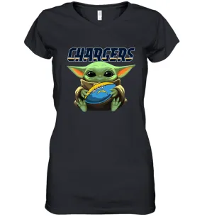 Baby Yoda Loves The Los Angeles Chargers Star Wars Baby Yoda Hugs Chargers NFL Womens V-Neck T-Shirt