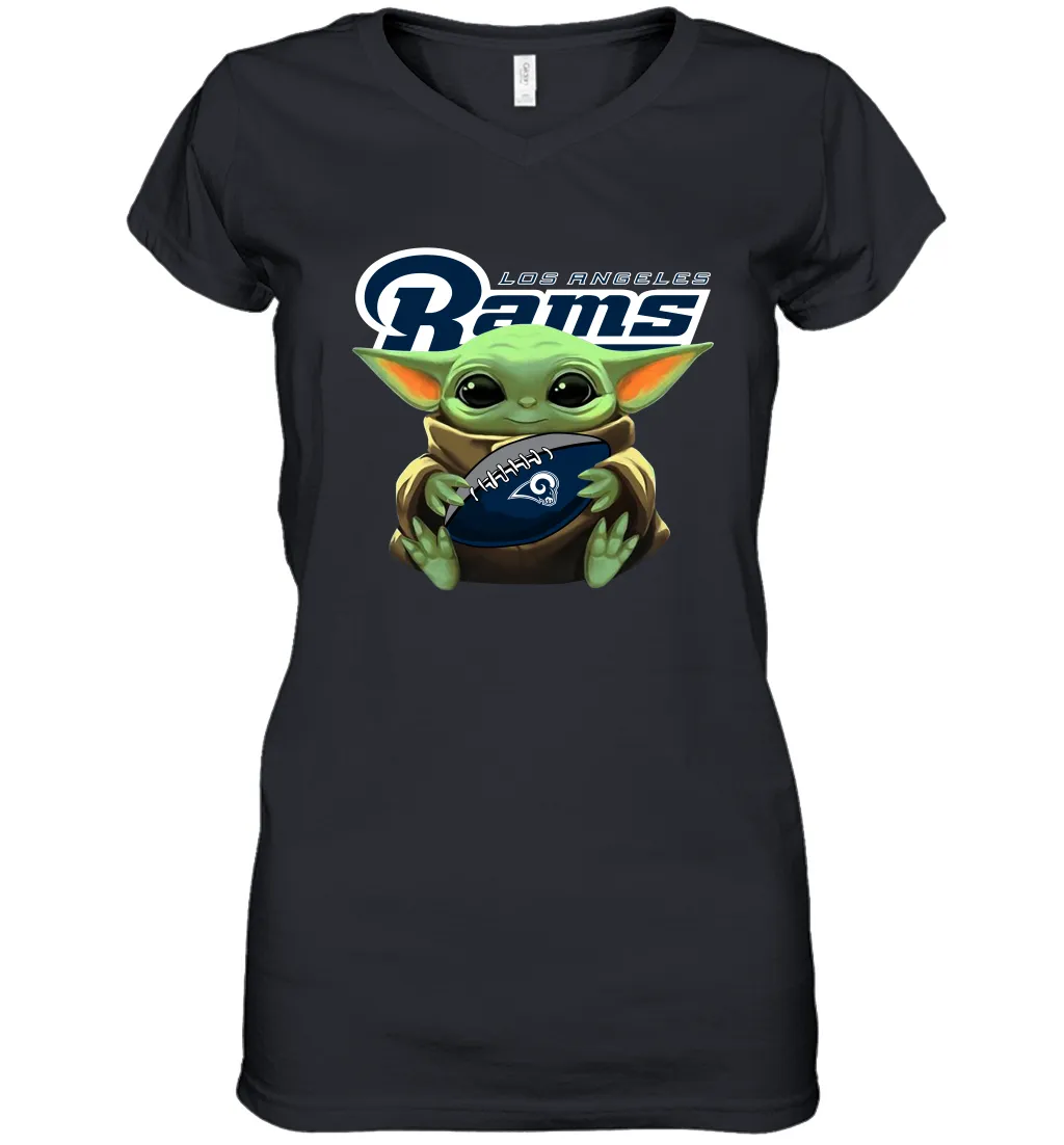 Baby Yoda Loves The Los Angeles Rams Star Wars Baby Yoda Hugs Rams NFL Womens V-Neck T-Shirt