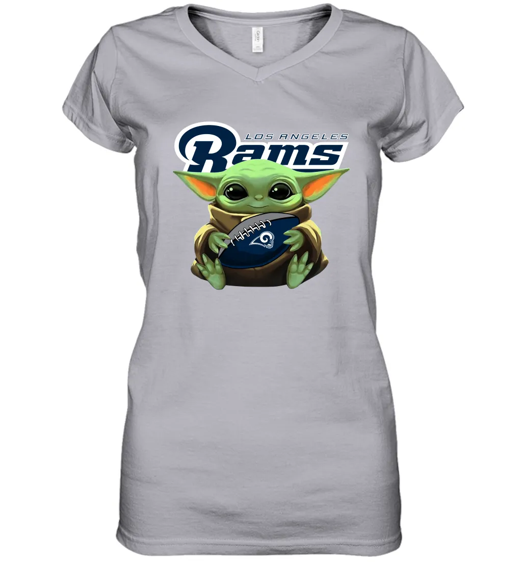 Baby Yoda Loves The Los Angeles Rams Star Wars Baby Yoda Hugs Rams NFL Womens V-Neck T-Shirt