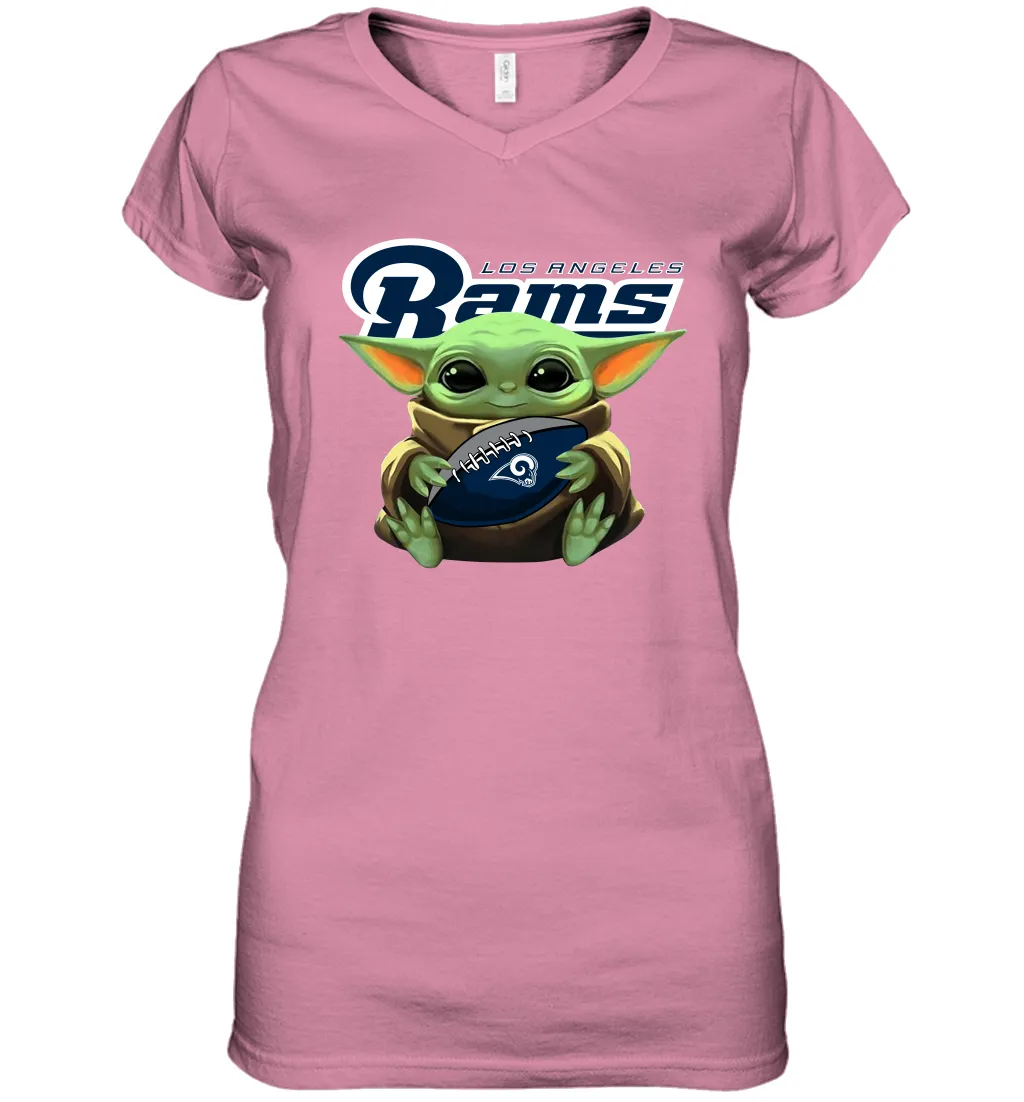 Baby Yoda Loves The Los Angeles Rams Star Wars Baby Yoda Hugs Rams NFL Womens V-Neck T-Shirt