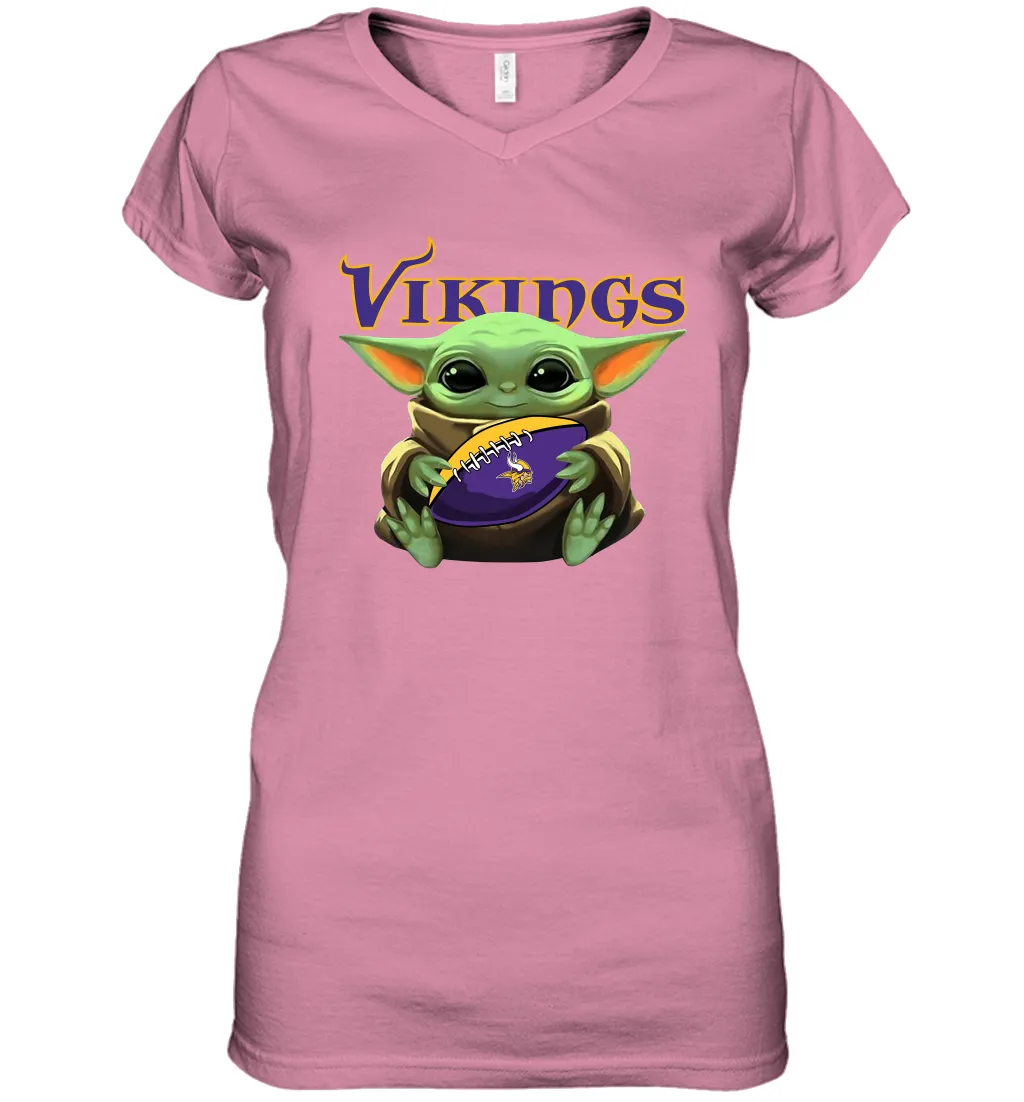 Baby Yoda Loves The Minnesota Vikings Star Wars Baby Yoda Hugs Vikings NFL Womens V-Neck T-Shirt