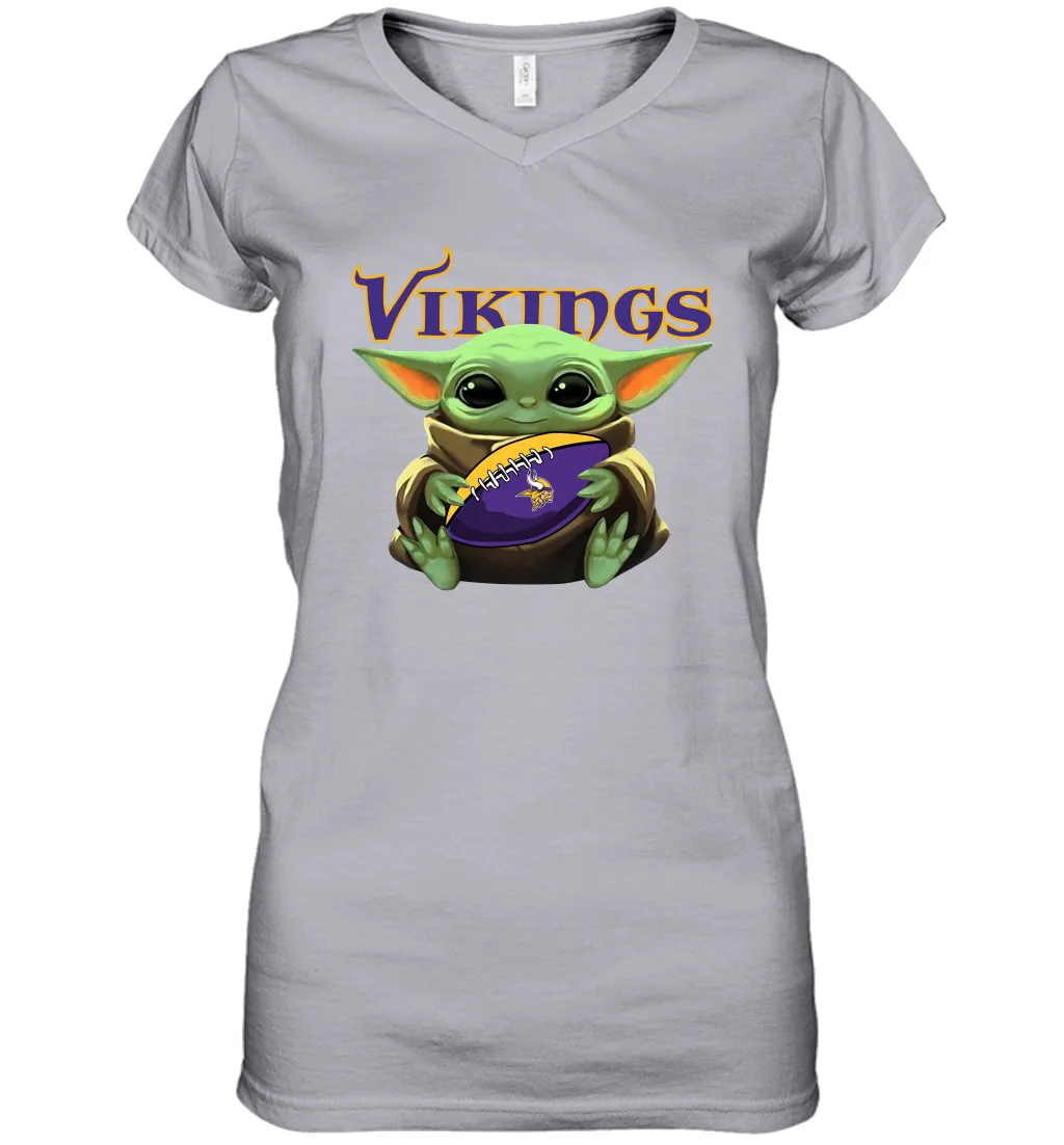 Baby Yoda Loves The Minnesota Vikings Star Wars Baby Yoda Hugs Vikings NFL Womens V-Neck T-Shirt