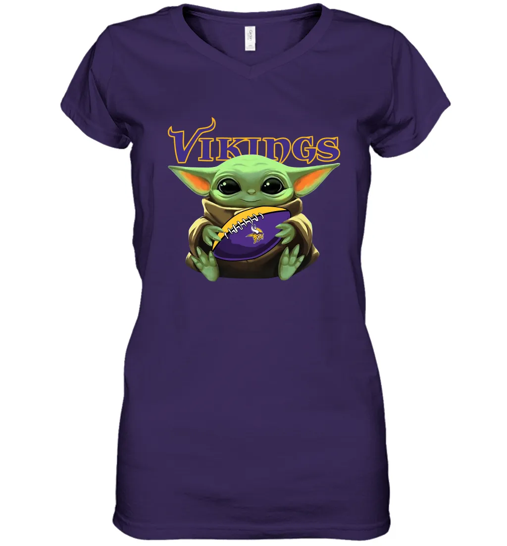 Baby Yoda Loves The Minnesota Vikings Star Wars Baby Yoda Hugs Vikings NFL Womens V-Neck T-Shirt