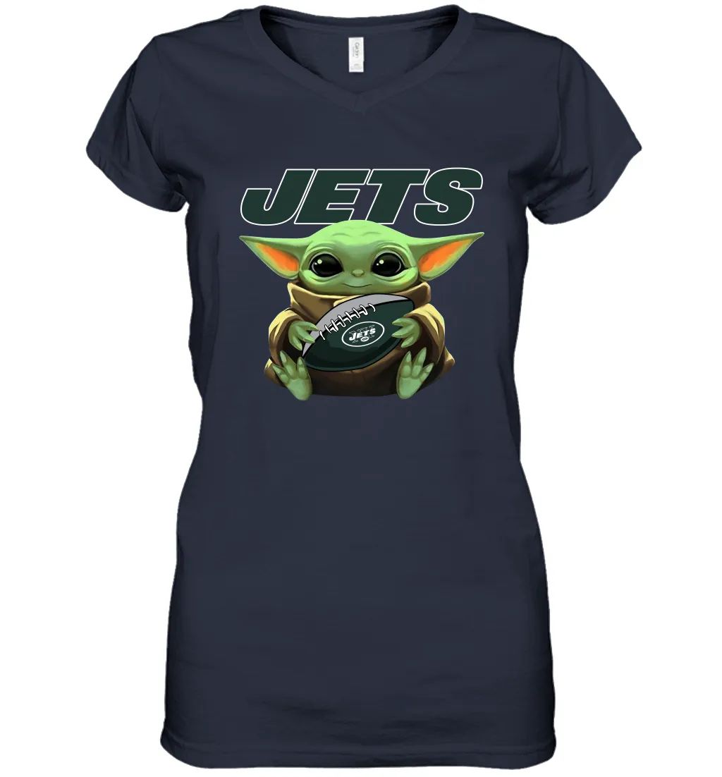 Baby Yoda Loves The New York Jets Star Wars Baby Yoda Hugs Jets NFL Womens V-Neck T-Shirt