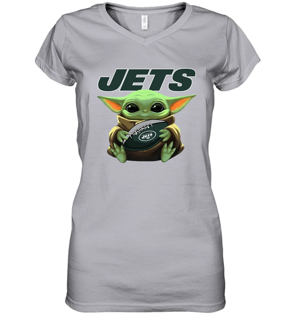 Baby Yoda Loves The New York Jets Star Wars Baby Yoda Hugs Jets NFL Womens V-Neck T-Shirt