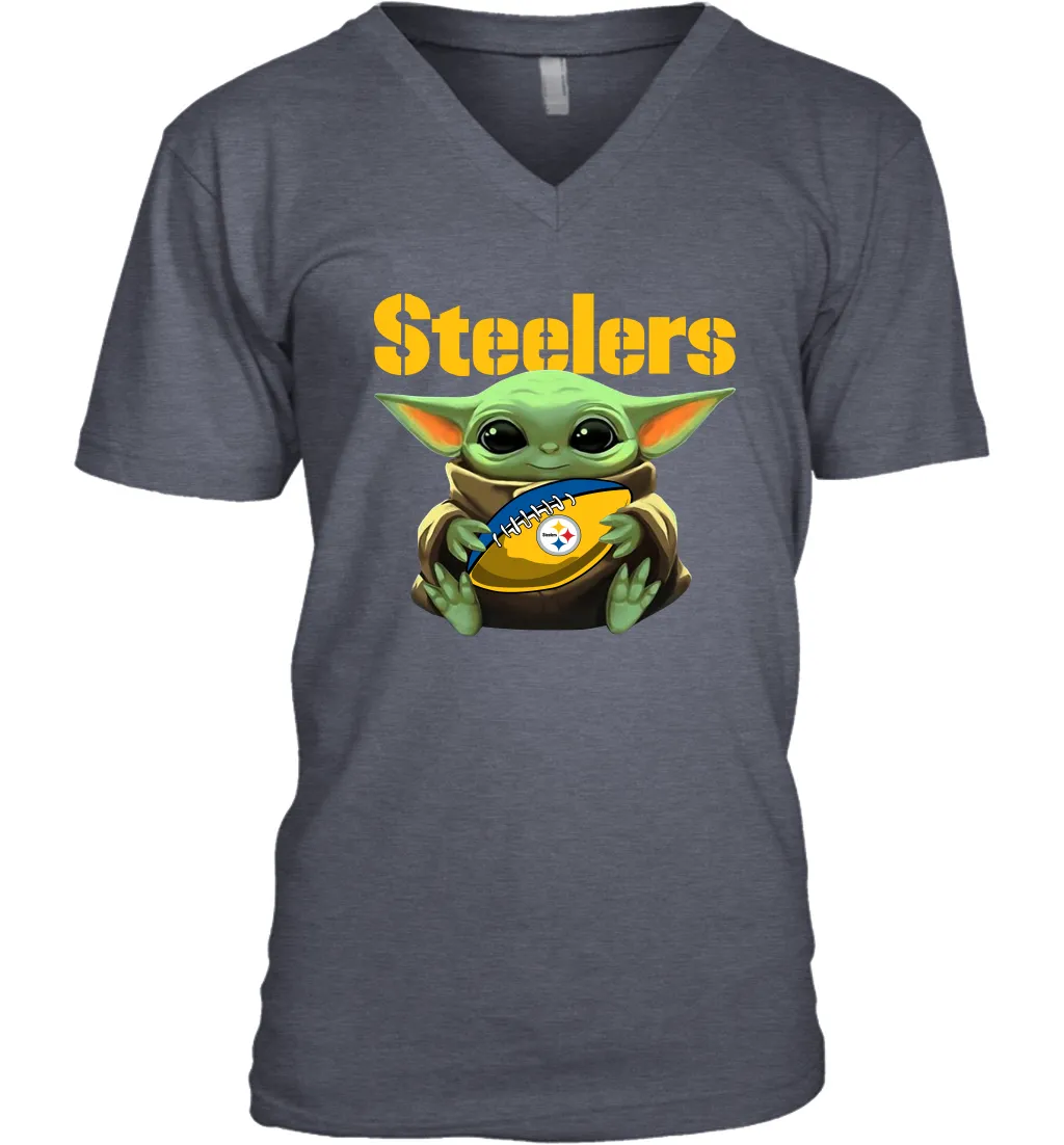 Baby Yoda Loves The Pittsburgh Steelers Star Wars Baby Yoda Hugs Steelers NFL Mens V-Neck T-Shirt