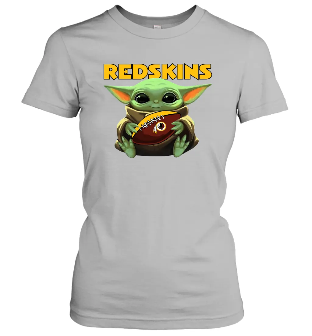 Baby Yoda Loves The Washington Redskins Star Wars Baby Yoda Hugs Redskins NFL Womens T-Shirt