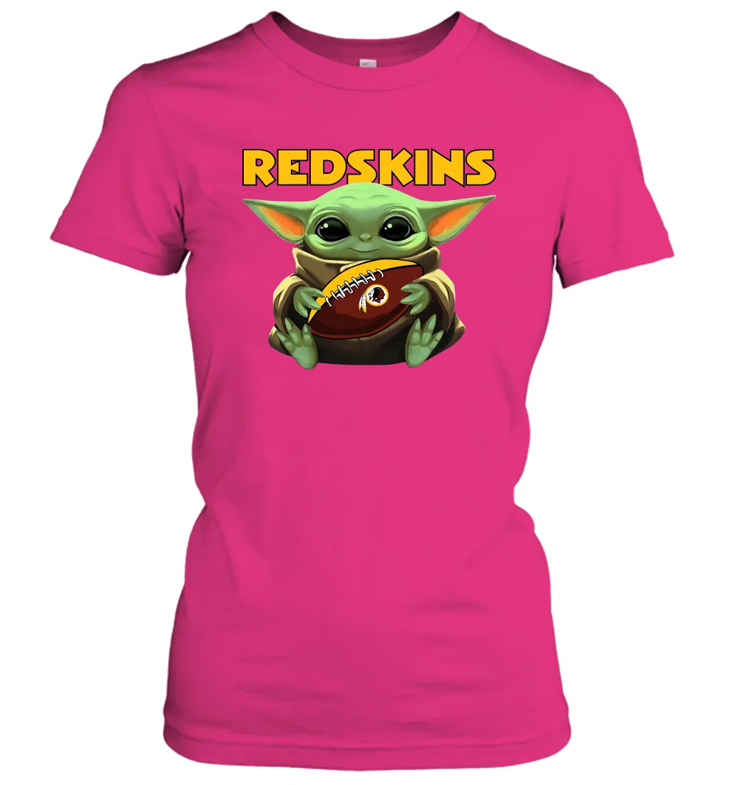 Baby Yoda Loves The Washington Redskins Star Wars Baby Yoda Hugs Redskins NFL Womens T-Shirt