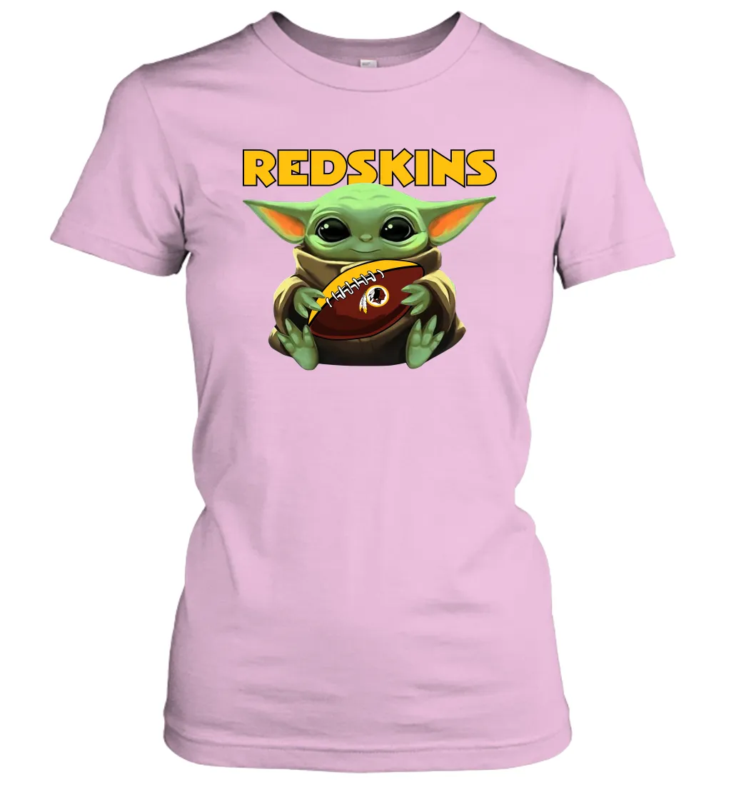 Baby Yoda Loves The Washington Redskins Star Wars Baby Yoda Hugs Redskins NFL Womens T-Shirt