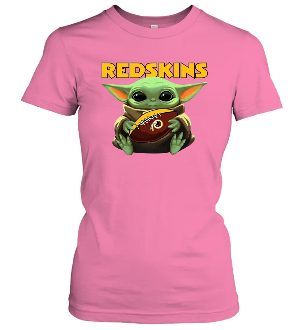 Baby Yoda Loves The Washington Redskins Star Wars Baby Yoda Hugs Redskins NFL Womens T-Shirt