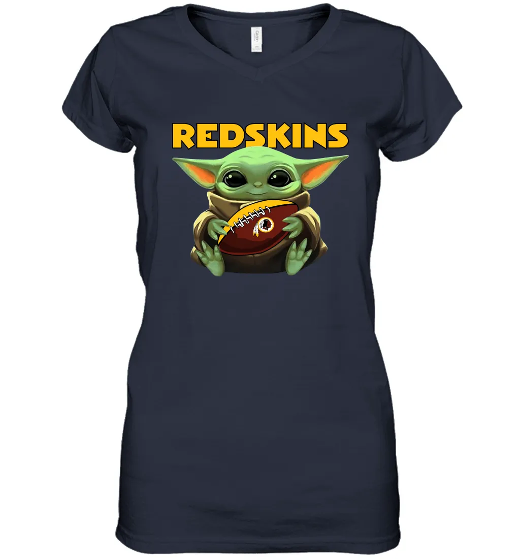 Baby Yoda Loves The Washington Redskins Star Wars Baby Yoda Hugs Redskins NFL Womens V-Neck T-Shirt