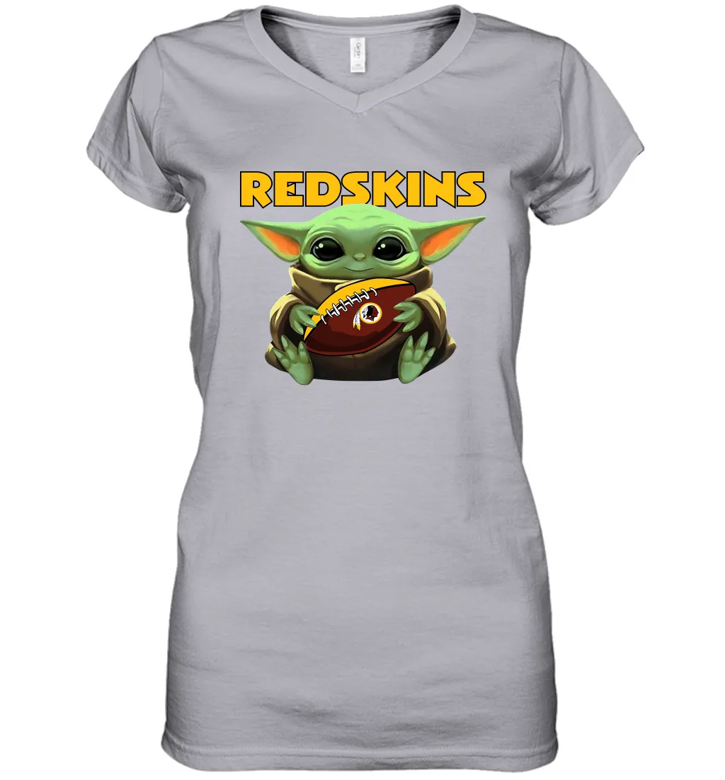 Baby Yoda Loves The Washington Redskins Star Wars Baby Yoda Hugs Redskins NFL Womens V-Neck T-Shirt