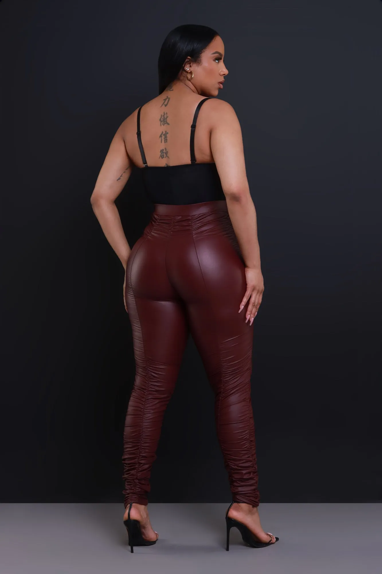 Be Honest Ruched High Waist Pants - Burgundy Faux Leather Leggings